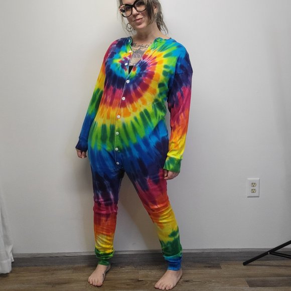 Vtg 90s SUNDOG Psychedelic Rainbow Swirl Tie Dye Union Suit Unisex XL - EUC - Picture 3 of 12
